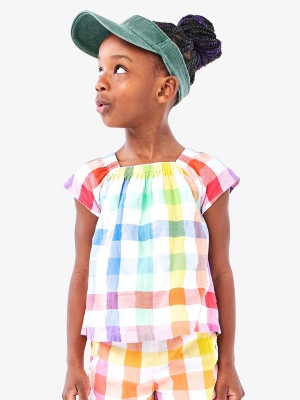 Primary Multicolor Rainbow Gingham Cap Sleeve Picnic Top